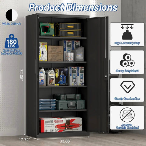72 Inch Tall Metal Garage Storage Cabinet With Lock, 18 Inch Deep Steel Locker With Doors And Four Adjustable Shelves, Black