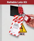 Hand applying Ultimate Pro Grade LOTO Kit For Electrical Safety With 56 Piece Set Including Padlocks Hasps Clamp On Breaker Lockouts