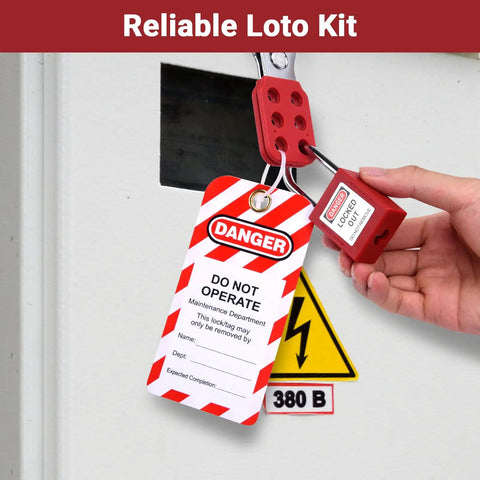 Hand applying Ultimate Pro Grade LOTO Kit For Electrical Safety With 56 Piece Set Including Padlocks Hasps Clamp On Breaker Lockouts