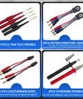 Pro Grade 76 Piece Automotive Test Lead Kit with 4 test probes, 2 potentiometers, 2 LED stroboscopes, and 2 standard probes.