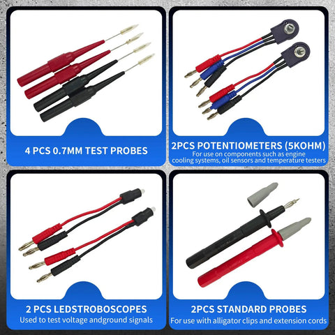 Pro Grade 76 Piece Automotive Test Lead Kit with 4 test probes, 2 potentiometers, 2 LED stroboscopes, and 2 standard probes.