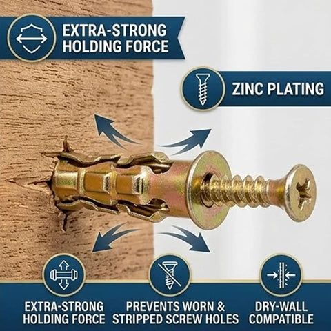 6x14mm Short Expansion Hinge Repair Screws Kit for Cabinet Door Hinges, visual of screw expanding in wood for strong hold