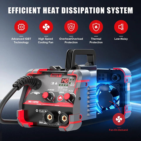 140Amp MIG Welder Flux Core Gasless 3 In 1 MMA Stick Lift TIG Welding Machine 110V Synergy IGBT Inverter Portable Welder showing heat dissipation