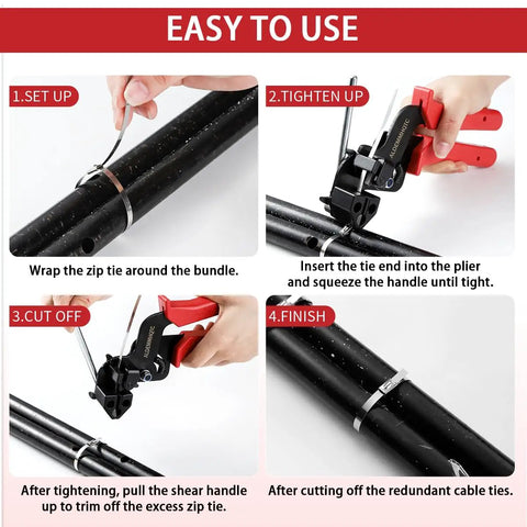 Four-step guide using Heavy Duty Zip Tie Gun Kit With 300 Stainless Steel Zip Ties, self-locking and trimming process.