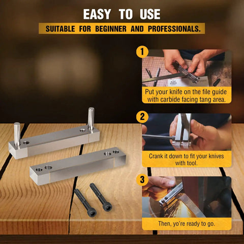 Pro Grade Multifunction Knife Making File Guide With Carbide Surface shown with usage steps and components on table.