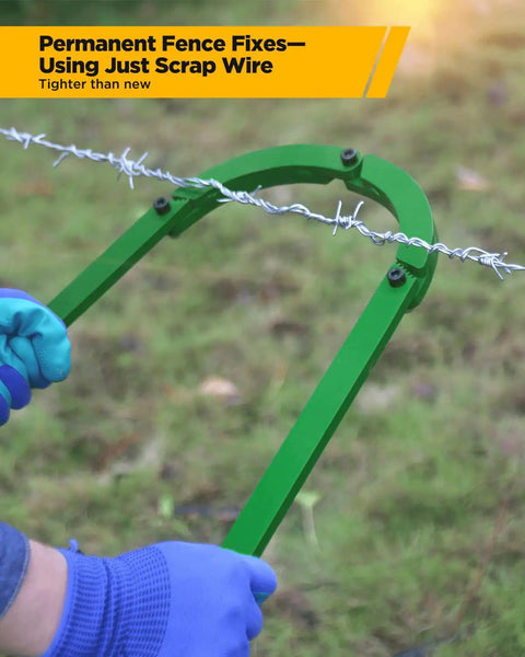 Fence Wire Fixer Heavy Duty Stretcher Tool Built From High Carbon Steel Wire Tightener in use on barbed wire fence.