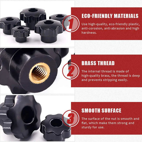 Image showing Plastic Screw On Knurled Star Knob Set For M4 M6 M8 M10 Threads Black Hand Knobs, highlighting eco-friendly plastic, brass thread, and smooth surface features.