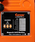 Cayken magnetic drill machine control panel featuring specifications, 1700 watt power, and safety warning labels.