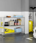 Badass 82 Inch 6 Tier Rolling Wire Shelving Cart With Heavy Duty Carbon Steel Base adjustable storage rack filled with tools and supplies.