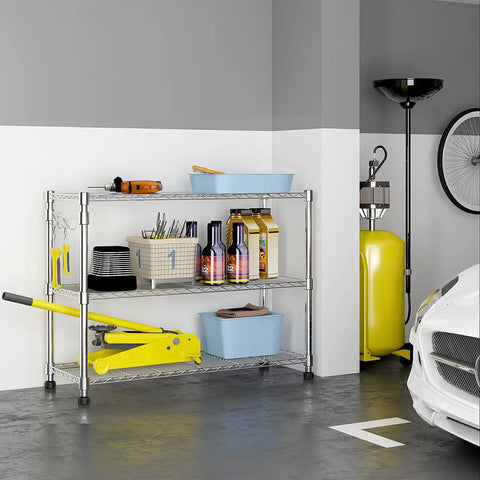 Badass 82 Inch 6 Tier Rolling Wire Shelving Cart With Heavy Duty Carbon Steel Base adjustable storage rack filled with tools and supplies.