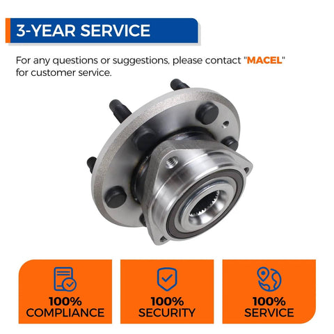 Front And Rear Wheel Bearing Hub Assembly 513277 For Buick Enclave 2008 To 2017, Chevrolet Traverse 2009 To 2017, GMC Acadia 2007 To 2016, Saturn Outlook 2007 To 2010 With 6 Lug And ABS No Fuss Install, 3-year service guarantee displayed.