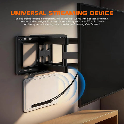 Installation view of 9 Inch In Wall Media Box Recessed TV Cable Management Kit showing neat cable setup with TV mount, wall unit, focus on clean finish