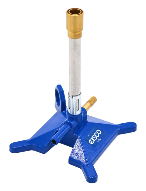No Tip Bunsen Burner for LPG Fuel, Iron Body, blue cast iron base and serrated inlet arm visible