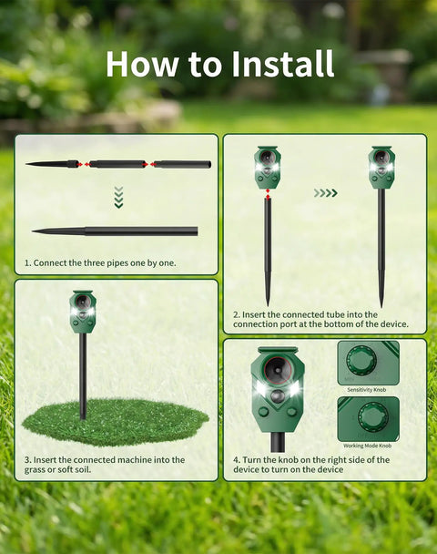 Installation steps for Solar Ultrasonic Animal Repellers With Motion Sensor And LED Lights 4 Pack Waterproof Outdoor Deterrents.