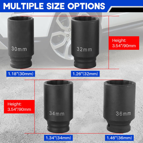 Beefy Half Inch Drive Deep Impact Socket Set Four-Piece 12 Point Metric Axle Nut Sockets 30mm, 32mm, 34mm, 36mm image