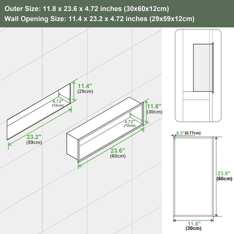 Dimensions diagram of Brushed Gold Shower Niche Stainless Steel Recessed Shelf Waterproof Organizer for Shampoo and Toiletries No Tile Needed Easy Install Inner Dimensions 11.8 Inch Width by 23.6 Inch Height by 4.7 Inch Depth