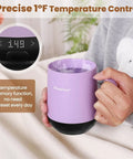 Total Game Changer For Your Morning Grind With This 12 Oz Self Heating Smart Mug showing precise 1°F temperature control in a purple mug.