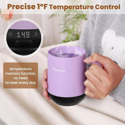 Total Game Changer For Your Morning Grind With This 12 Oz Self Heating Smart Mug showing precise 1°F temperature control in a purple mug.