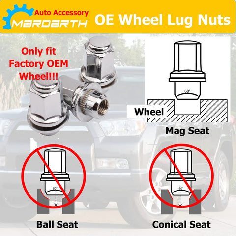 Set Of 24 OEM Mag Washer Lug Nuts 12x1.5 Thread, 13/16 Hex, 1.85 Inch Length For Toyota, showing compatibility diagram
