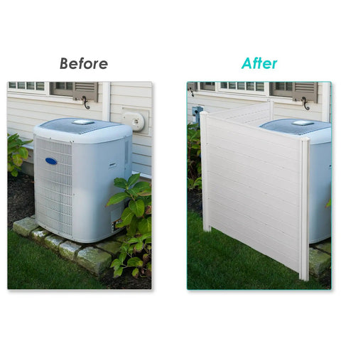Outdoor Privacy Screen Fence Panels Set Of Two White Panels hides air conditioner in yard before and after view