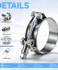 Heavy Duty T Bolt Hose Clamp Assortment Kit With 18 Stainless Steel Clamps In 9 Sizes From 34mm To 91mm Perfect For Car Diesel Truck Marine Turbo Intercooler And Radiator Jobs, 304 stainless steel clamp detail