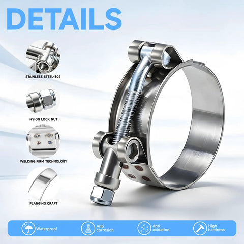 Heavy Duty T Bolt Hose Clamp Assortment Kit With 18 Stainless Steel Clamps In 9 Sizes From 34mm To 91mm Perfect For Car Diesel Truck Marine Turbo Intercooler And Radiator Jobs, 304 stainless steel clamp detail