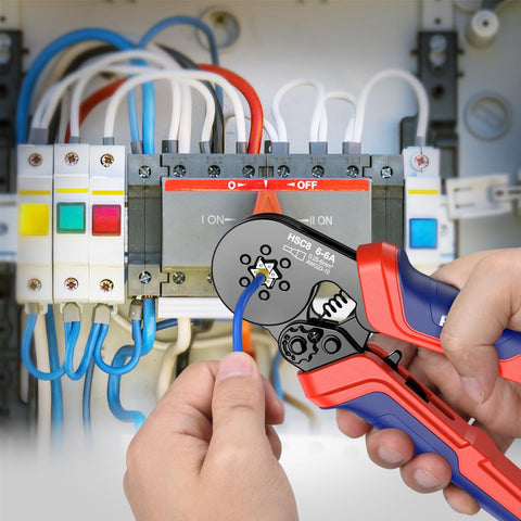 Pro Grade Ferrule Crimping Tool Kit With 1500 Ferrules used to crimp wires in an electrical panel, showcasing tool's usage.