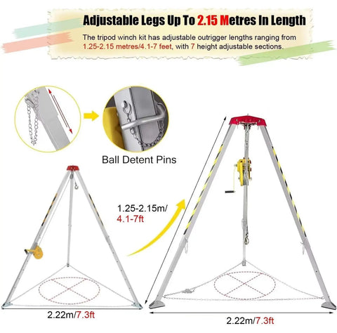 Adjustable legs of Beefy Aluminum Rescue Tripod For Confined Space Operations With Two Six Zero Lbs Winch and Harness.