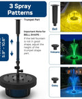 Floating Pond Fountain Pump With Lights Remote Control RGB LED 660 GPH Aerator showcasing 3 spray patterns: Bell, Volcano, Daisy