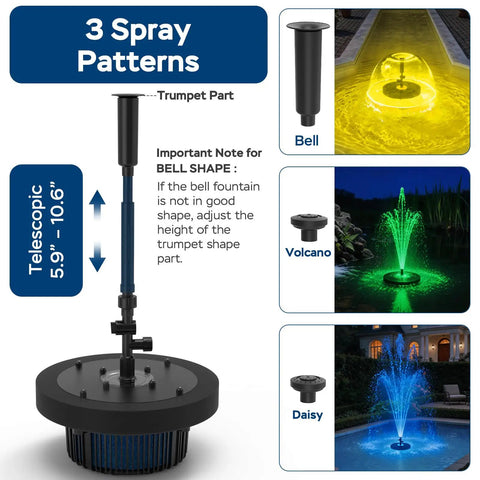 Floating Pond Fountain Pump With Lights Remote Control RGB LED 660 GPH Aerator showcasing 3 spray patterns: Bell, Volcano, Daisy