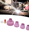 Pro Grade TIG Gas Lens Kit For WP9 WP20 WP25 Torch with ceramic nozzles, copper holder, and PTFE cover, shown with welding sparks