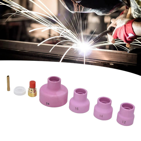 Pro Grade TIG Gas Lens Kit For WP9 WP20 WP25 Torch with ceramic nozzles, copper holder, and PTFE cover, shown with welding sparks
