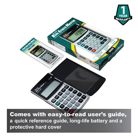 Pocket Real Estate Master Financial Calculator with packaging, guides, and hard cover.