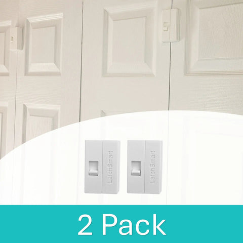 Rock Solid Bifold Door Lock Kit That Keeps Kiddos And Fur Babies Out Of Trouble While Blocking Finger Pinch Hazards Through A Slick Auto Click Design For Parents Dead Set On Creating Super Safe Family Habits Daily, showing two white locks on bifold doors.