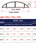 Diagram showing dimensions of Half Round Aluminum Cable Concealer with self adhesive backing, available in lengths 60in, 72in, 79in.