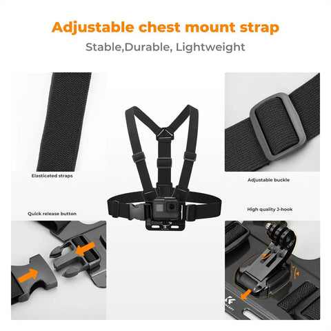 All In One Action Cam Mount Kit With Chest Strap Harness Backpack Clip 360 Degree Rotating Head Strap Mount And Wrist Strap