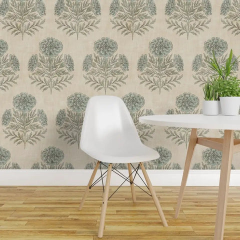 Fresh Blue Floral Removable Wallpaper Featuring A No Sweat Pre Pasted Formula That Glides On Smooth For Renter Friendly Accent Walls And Creative Craft Vibes Durable Top Shelf Home Decor Printed Right Here In The Usa, showcased in a modern room setting.