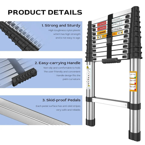 8.5 Foot Stainless Steel Telescoping Ladder Ultra Lightweight Multi Purpose Extension For Indoor And Outdoor Use Space Saving Design Built For Everyday Workhorse Performance 330 Pound Capacity, showing product details including sturdy build, easy-carrying handle, and skid-proof pedals