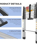 Stainless Steel Telescopic Ladder For Home And Job Site Use No Fuss One Button Retraction 12.5 Ft Extension Ladder Lightweight Portable 330 Lb Capacity Indoor Outdoor Multi Purpose showing strong structure, handle, skid-proof pedals.