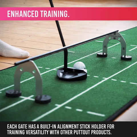 Put Your Putting Game On Point With Pro Putting Gates For Face Angle Control And Progressive Training 3 Adjustable Sizes Large 70mm Medium 60mm Small 50mm For Precise Feedback setup on green mat indoors with golf ball