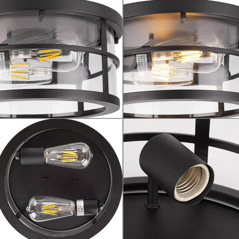 Close-up of Industrial Flush Mount Ceiling Light With Seeded Glass Shade For Hallway Entryway Kitchen Living Room Bright 2 Light E26 Fixture