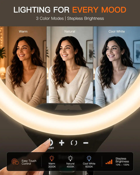 Woman using 50 Inch Ring Light With Stand And Phone Tripod LED Ring Light With Remote 3 Color Modes And 10 Brightness Levels