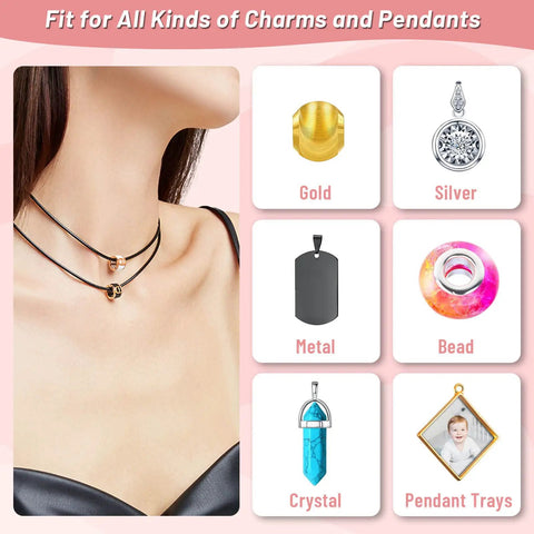 Woman wearing Black Waxed Cotton Necklace Cords 24 Inch With Clasps Bulk 50 Pieces For Jewelry Making Beading Charms Pendants Bracelets DIY Craft Supplies Ideal For Charm Beads And Pendant Projects Durable And Flexible with charm options