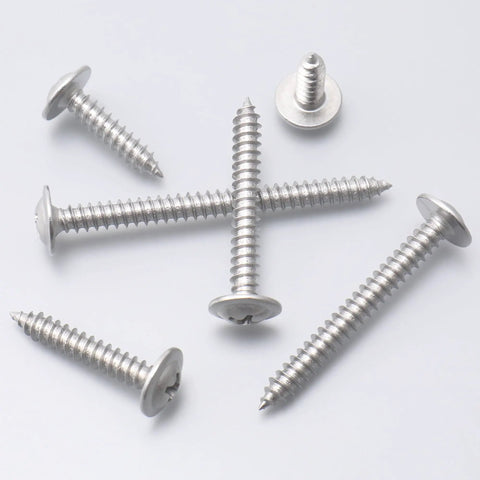 Rock Solid Two Fifty Pack Number Eight By One Half Inch Forty One Stainless Steel Self Tapping Wood Screws With Phillips Bit scattered on a light background.