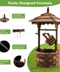 Rustic Wishing Well Outdoor Fountain With Electric Pump featuring wooden structure and water bucket for backyard patio.