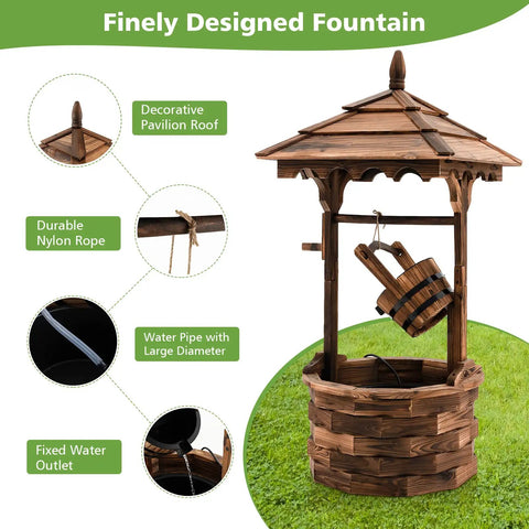 Rustic Wishing Well Outdoor Fountain With Electric Pump featuring wooden structure and water bucket for backyard patio.