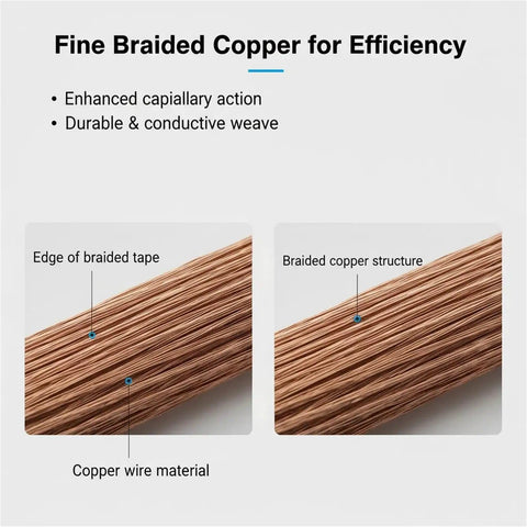 Desoldering Solder Wick Braid Tool With No Clean Flux Core For Electronic Repair, showing copper wire material and structure.