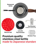 Gooseneck Pour Over Kettle With Built In Thermometer Pro Grade Stainless Steel Stovetop Kettle Insulated Handle 40.6 Oz 1200 Ml Precision Temperature Control 4 Piece Set For Coffee Or Tea Brewing shown with accessories including tea strainer, tray, silicone mat, and thermometer lid.
