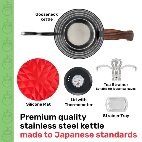 Gooseneck Pour Over Kettle With Built In Thermometer Pro Grade Stainless Steel Stovetop Kettle Insulated Handle 40.6 Oz 1200 Ml Precision Temperature Control 4 Piece Set For Coffee Or Tea Brewing shown with accessories including tea strainer, tray, silicone mat, and thermometer lid.