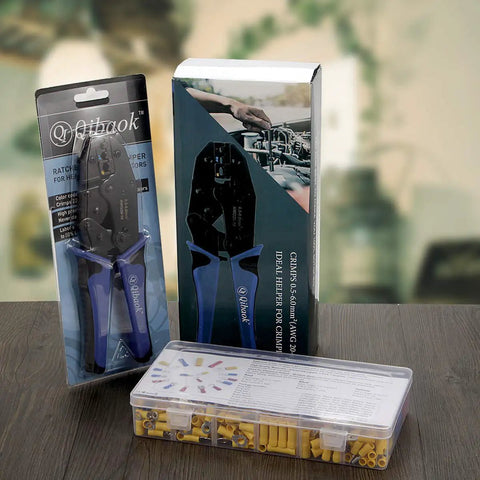 Ratcheting Wire Terminal Crimping Tool Kit With 800 PCS Wire Connectors shown in packaging with tools and connector box on table.